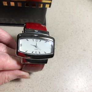 Pretty red band silver tone watch